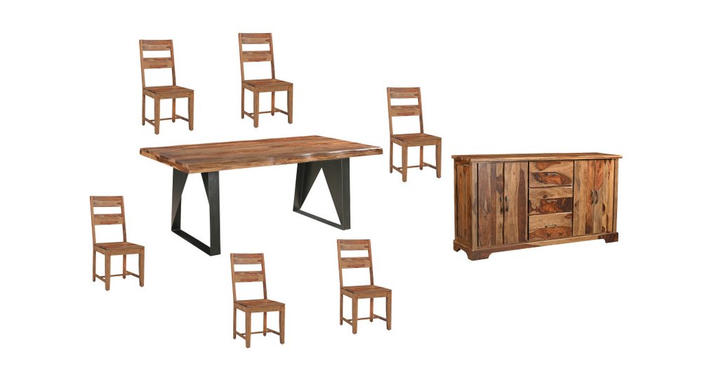 Eight Piece Natural and Black Solid Wood Dining Set with Six Chairs and Sideboard