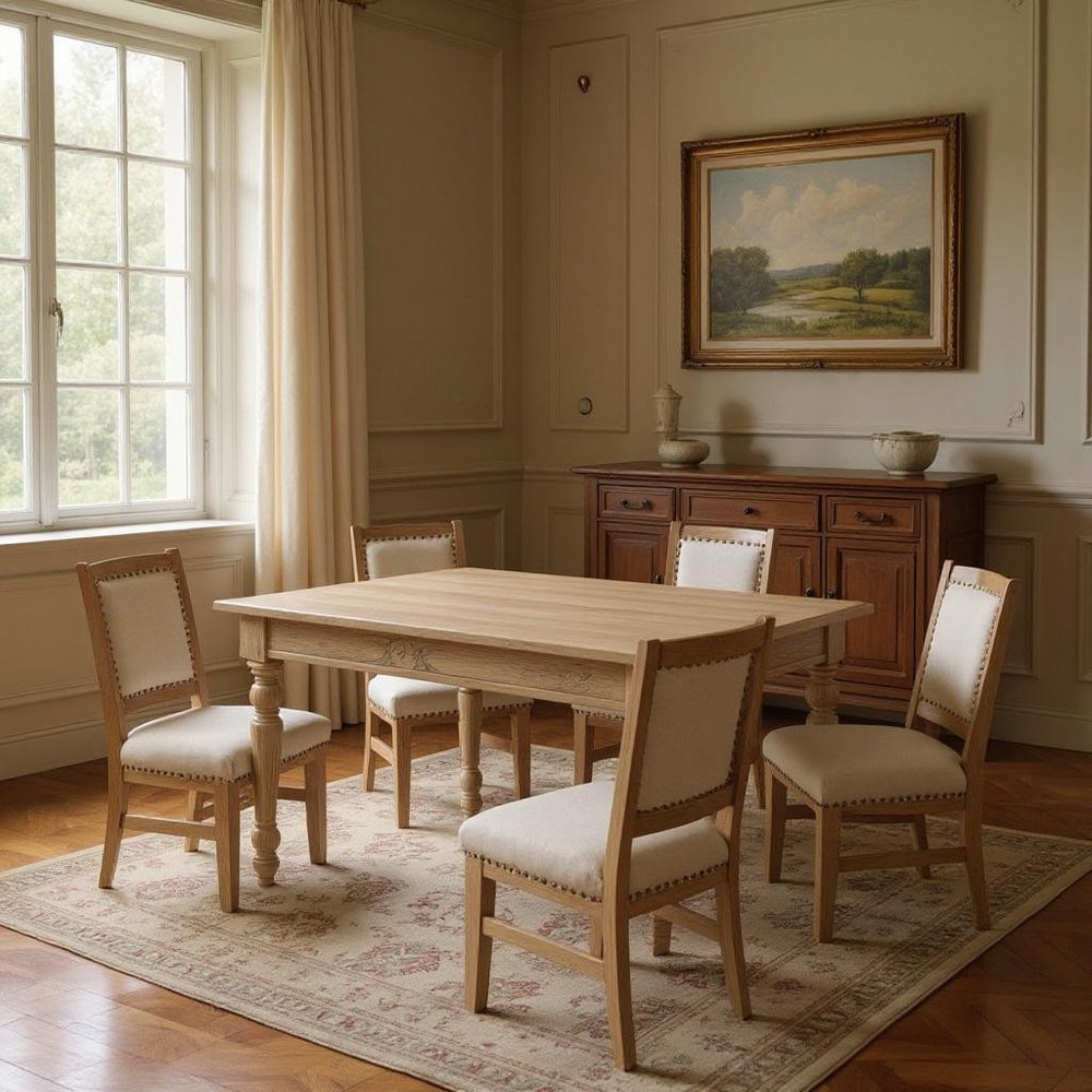 Seven Piece White Solid Wood Dining Set with Four Chairs