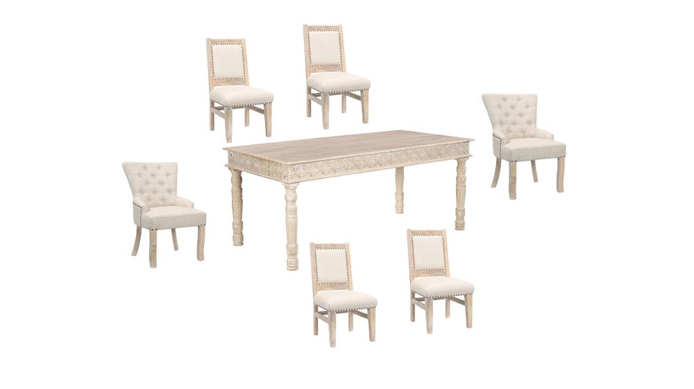 Seven Piece White Solid Wood Dining Set with Four Chairs