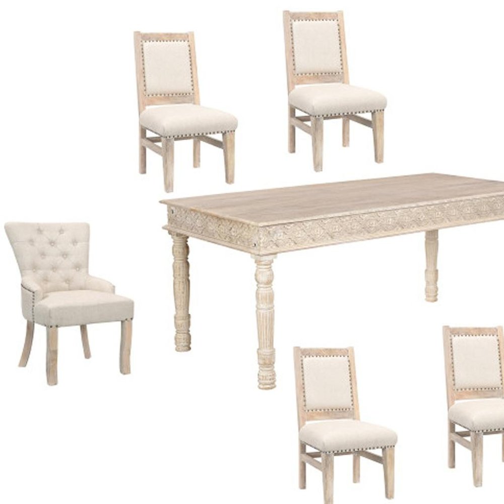Seven Piece White Solid Wood Dining Set with Four Chairs