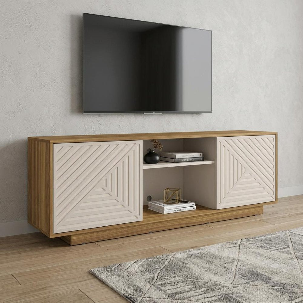 63" Oak And White Ribbed Texture Wood Enclosed and Open Storage TV Stand