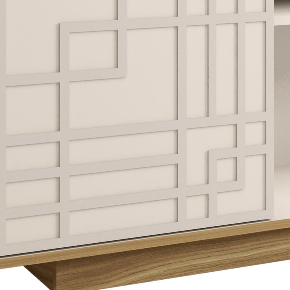 63" Oak And White Carved Geometric Wood Enclosed and Open Storage TV Stand