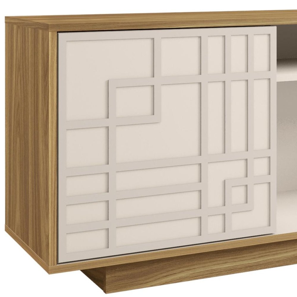 63" Oak And White Carved Geometric Wood Enclosed and Open Storage TV Stand
