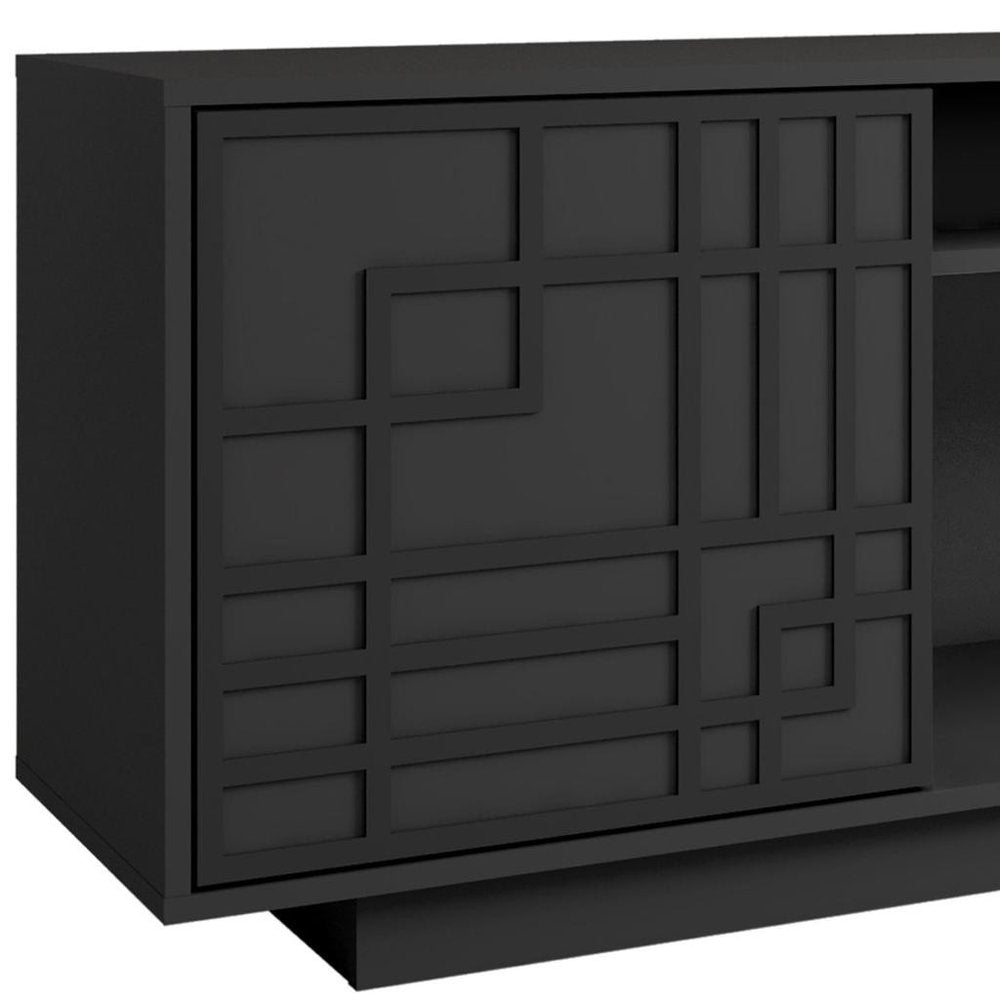 63" Black Carved Geometric Wood Enclosed and Open Storage TV Stand