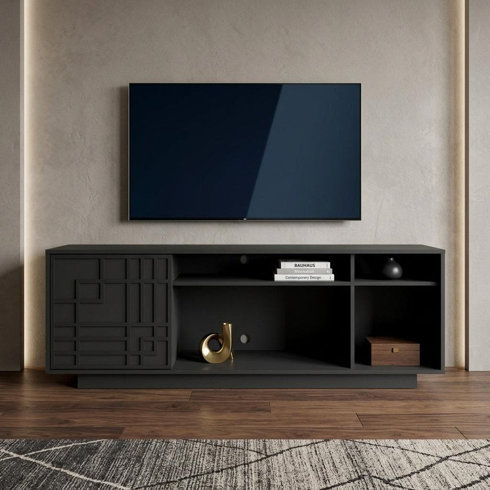 63" Black Carved Geometric Wood Enclosed and Open Storage TV Stand