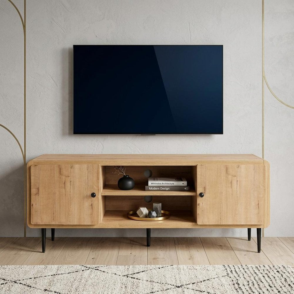 55" Oak Wood Enclosed and Open Storage TV Stand