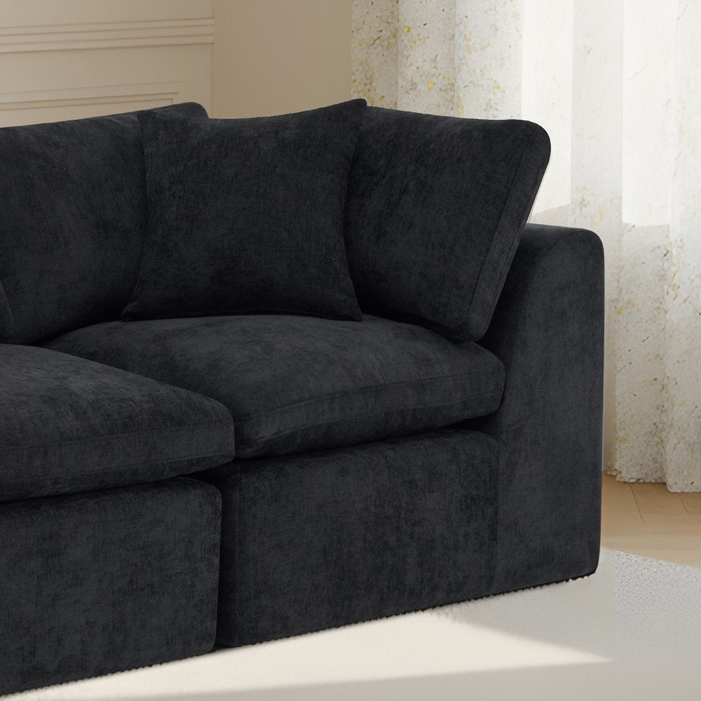 138" Black Chenille Modular Sofa With Ottoman And Toss Pillows