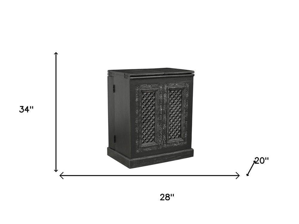 28" Black Solid Wood Carved Floral Bar Cabinet With Two Doors And One Drawer