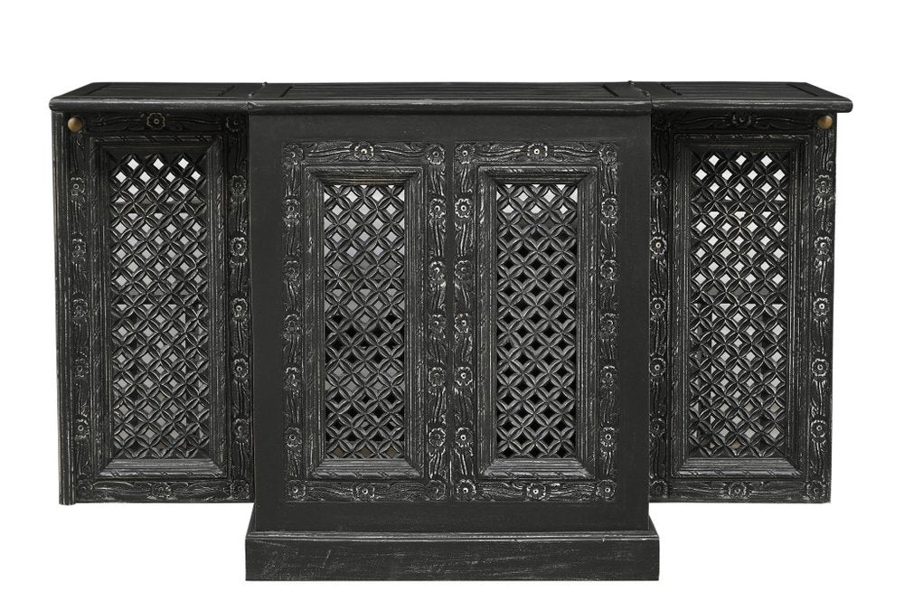 28" Black Solid Wood Carved Floral Bar Cabinet With Two Doors And One Drawer