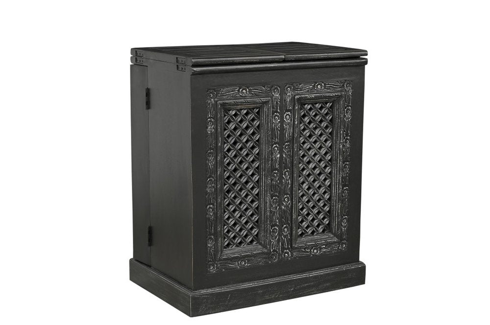 28" Black Solid Wood Carved Floral Bar Cabinet With Two Doors And One Drawer