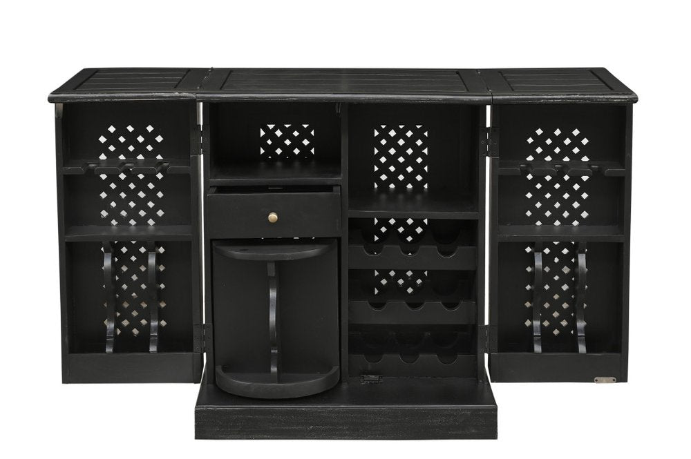 28" Black Solid Wood Carved Floral Bar Cabinet With Two Doors And One Drawer