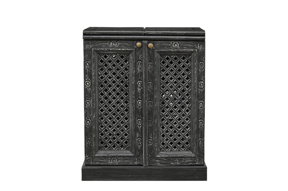 28" Black Solid Wood Carved Floral Bar Cabinet With Two Doors And One Drawer