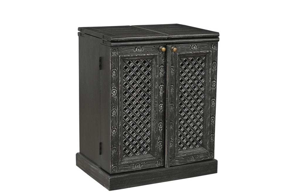 28" Black Solid Wood Carved Floral Bar Cabinet With Two Doors And One Drawer