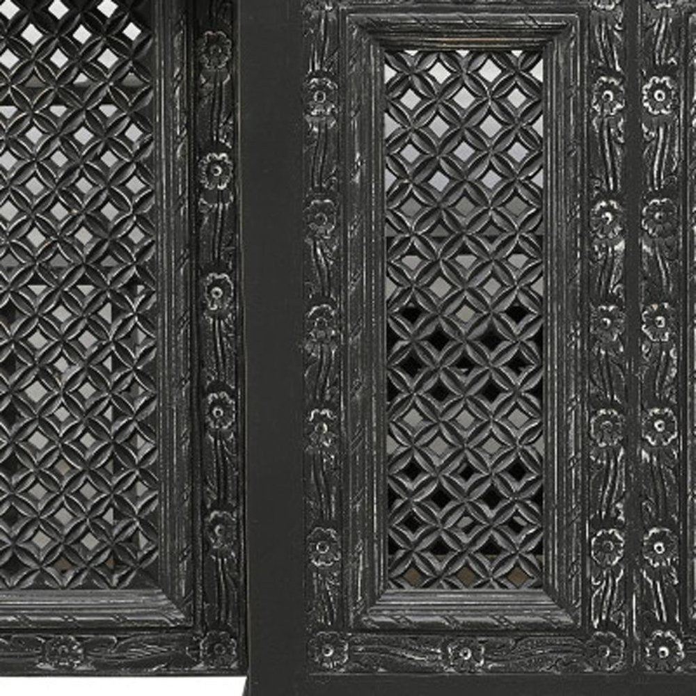 28" Black Solid Wood Carved Floral Bar Cabinet With Two Doors And One Drawer