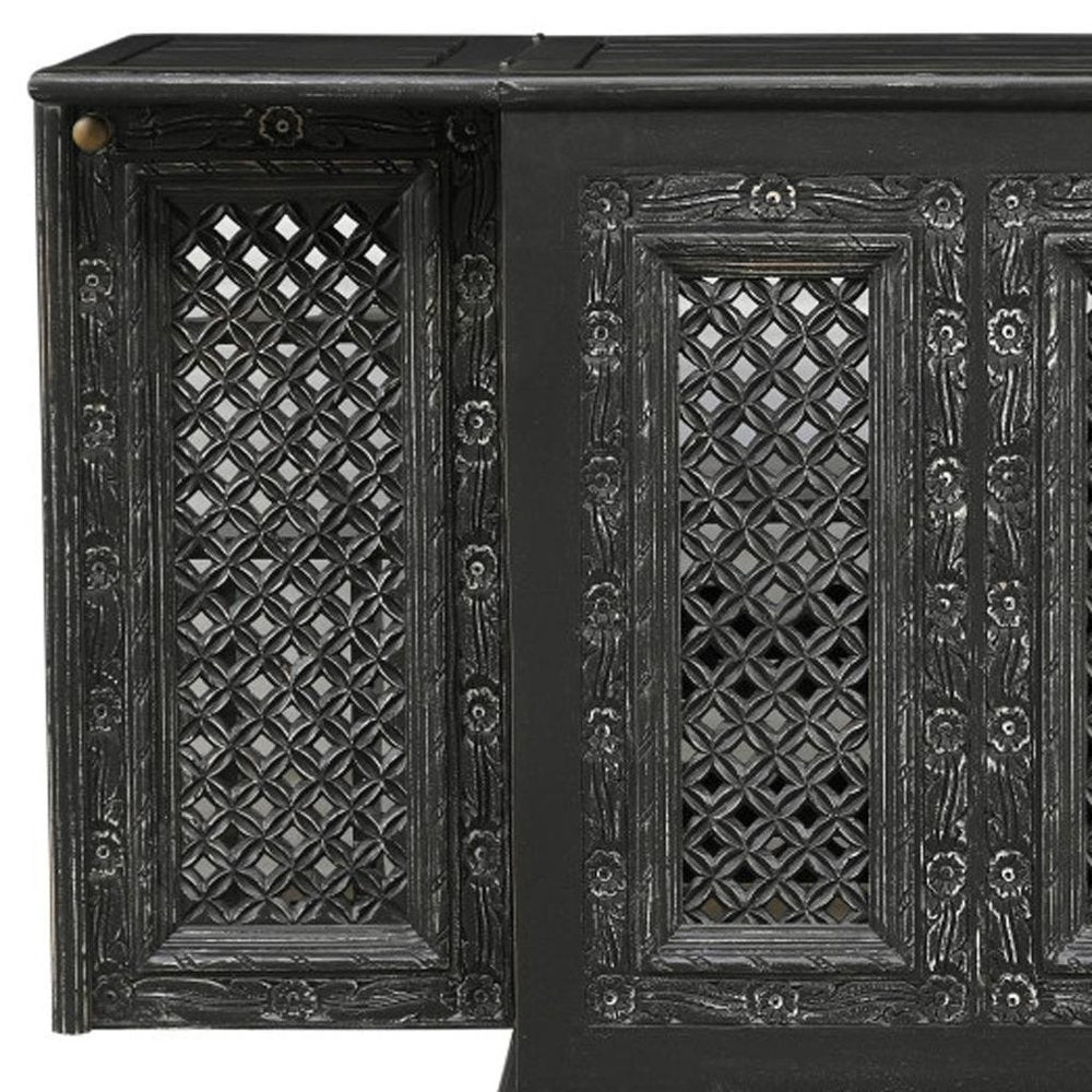 28" Black Solid Wood Carved Floral Bar Cabinet With Two Doors And One Drawer