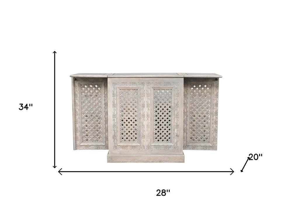28" White Solid Wood Carved Floral Bar Cabinet With Two Doors And One Drawer