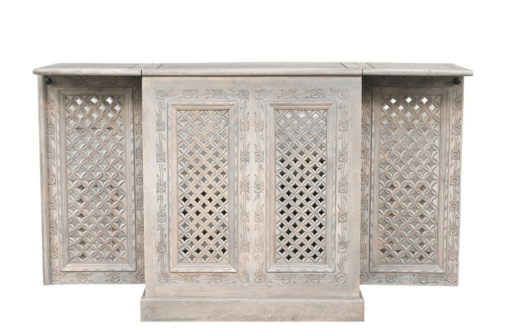 28" White Solid Wood Carved Floral Bar Cabinet With Two Doors And One Drawer