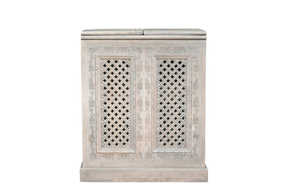 28" White Solid Wood Carved Floral Bar Cabinet With Two Doors And One Drawer