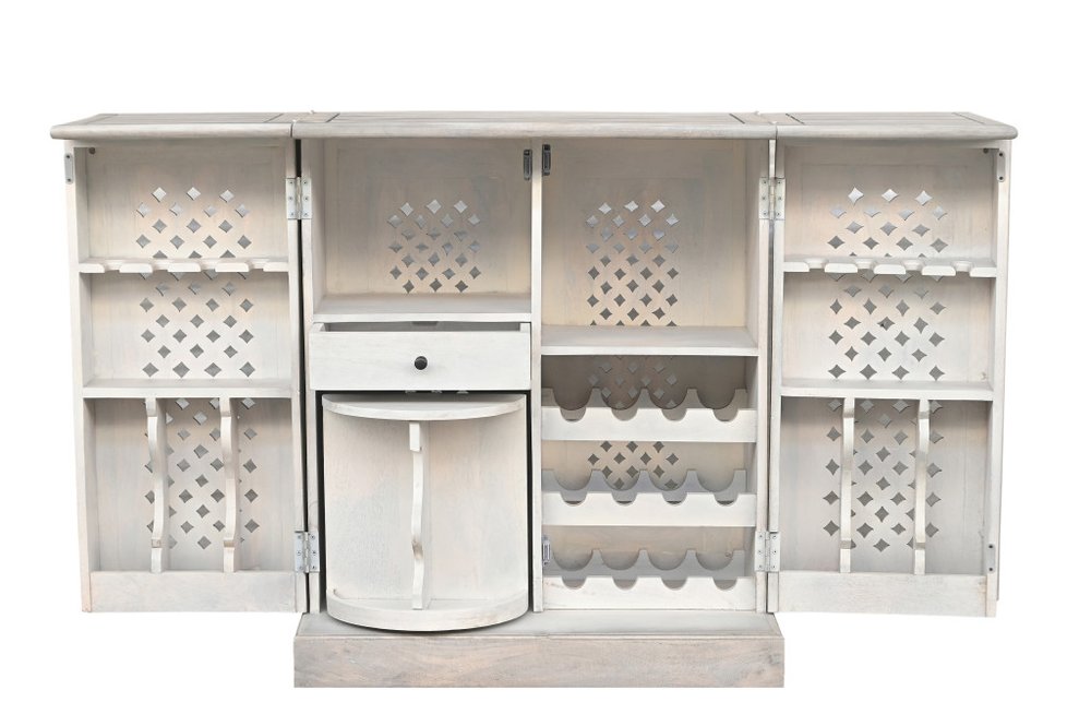 28" White Solid Wood Carved Floral Bar Cabinet With Two Doors And One Drawer