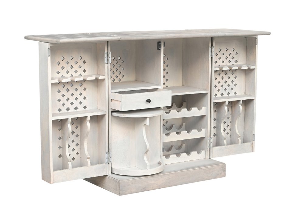 28" White Solid Wood Carved Floral Bar Cabinet With Two Doors And One Drawer