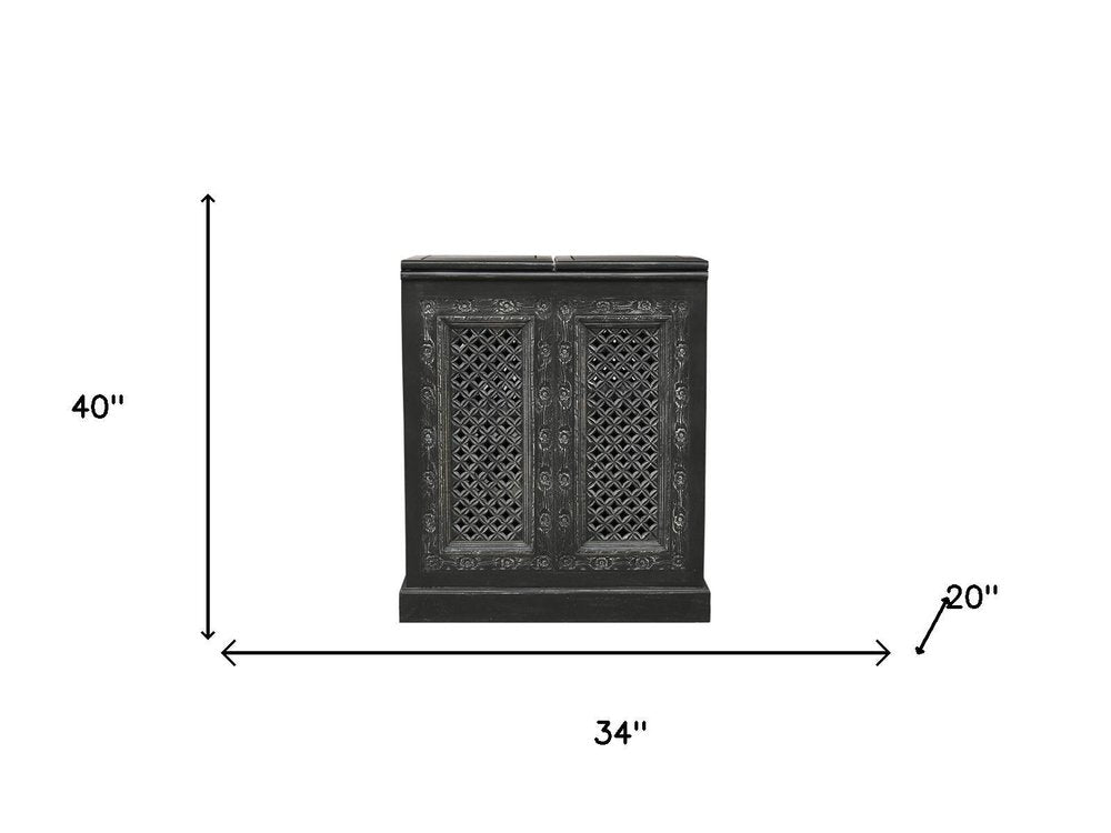 34" Black Solid Wood Carved Floral Bar Cabinet With Two Doors And One Drawer