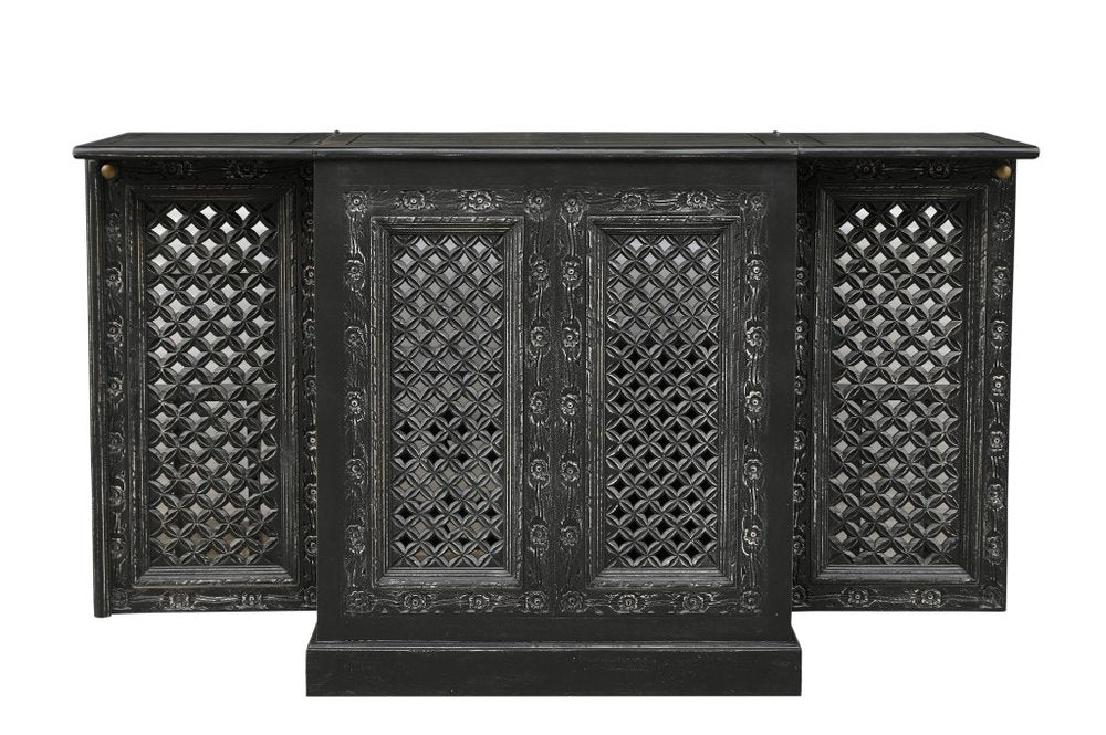 34" Black Solid Wood Carved Floral Bar Cabinet With Two Doors And One Drawer