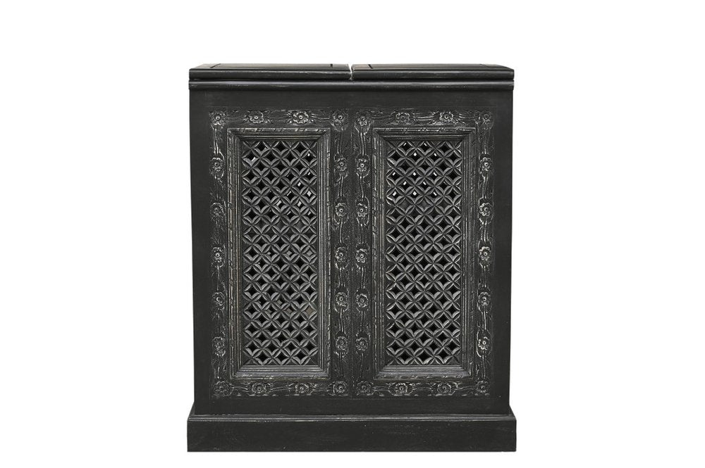 34" Black Solid Wood Carved Floral Bar Cabinet With Two Doors And One Drawer