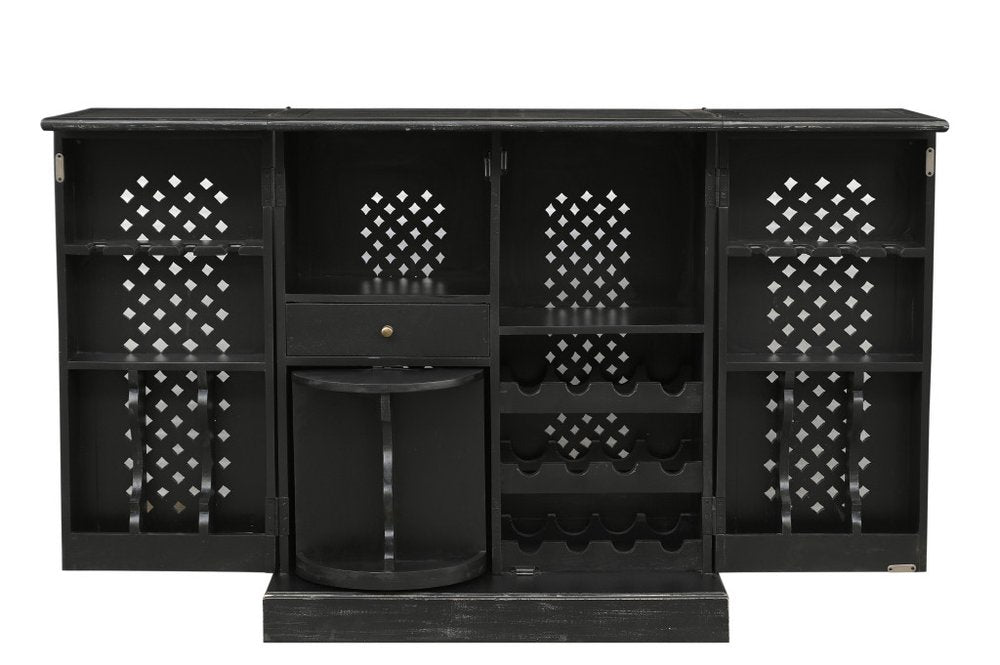 34" Black Solid Wood Carved Floral Bar Cabinet With Two Doors And One Drawer