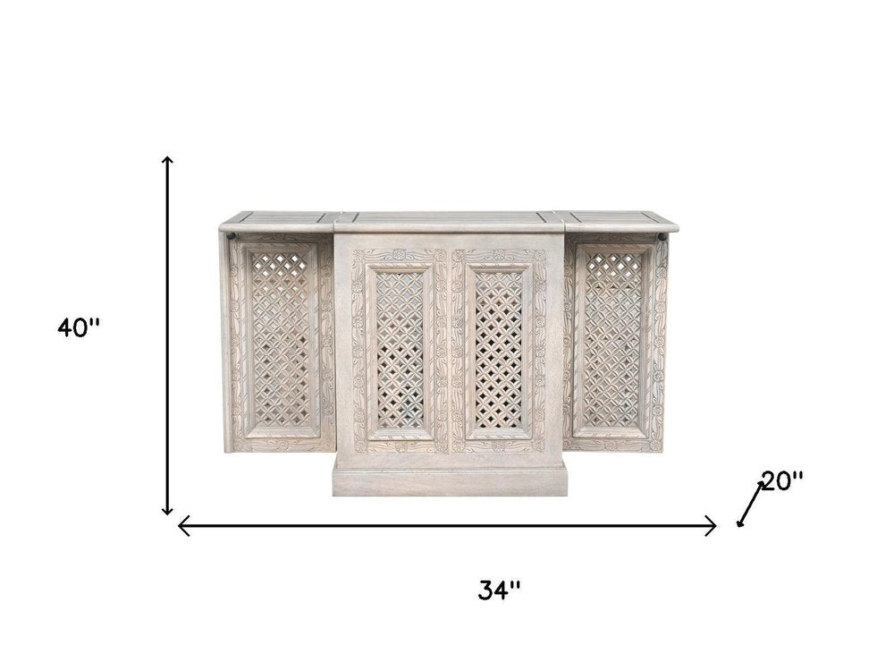 34" White Solid Wood Carved Floral Bar Cabinet With Two Doors And One Drawer