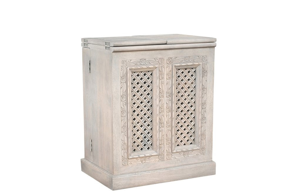 34" White Solid Wood Carved Floral Bar Cabinet With Two Doors And One Drawer
