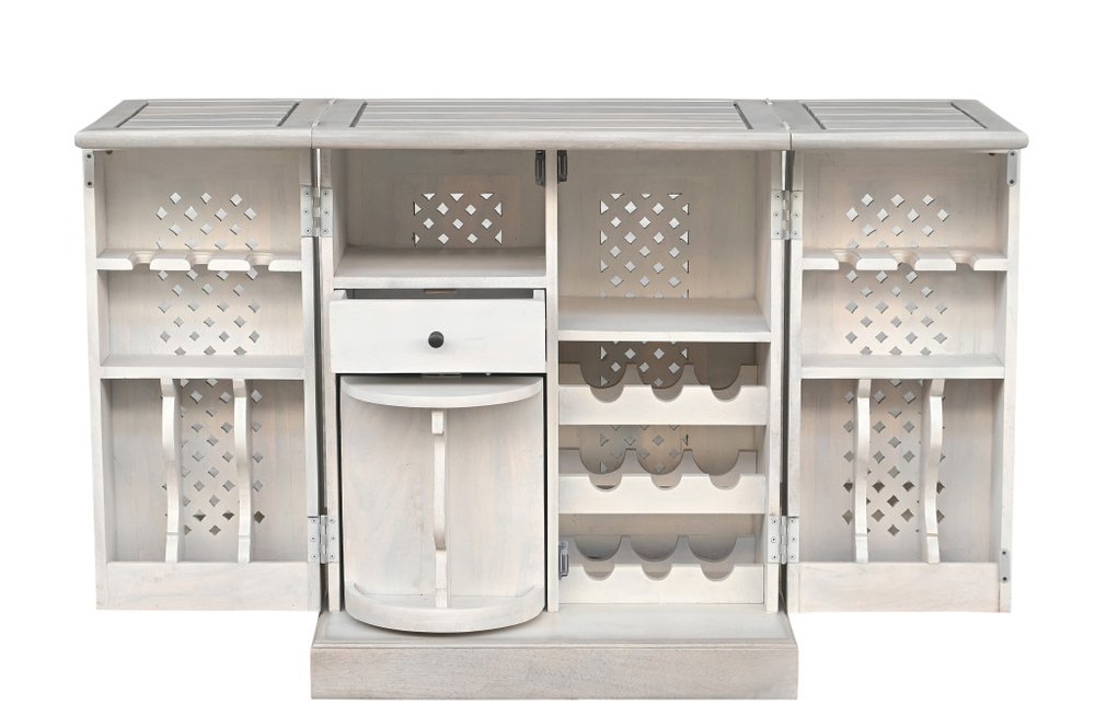 34" White Solid Wood Carved Floral Bar Cabinet With Two Doors And One Drawer