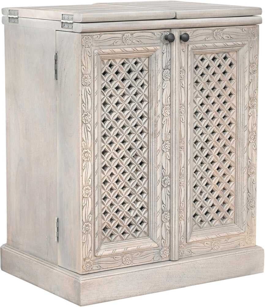 34" White Solid Wood Carved Floral Bar Cabinet With Two Doors And One Drawer