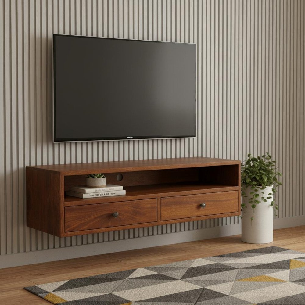 35" Brown Solid Wood Floating Mount TV Stand