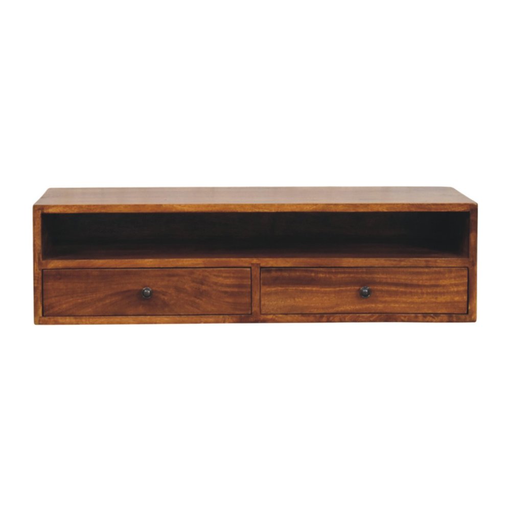 35" Brown Solid Wood Floating Mount TV Stand