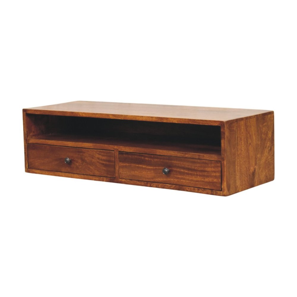 35" Brown Solid Wood Floating Mount TV Stand