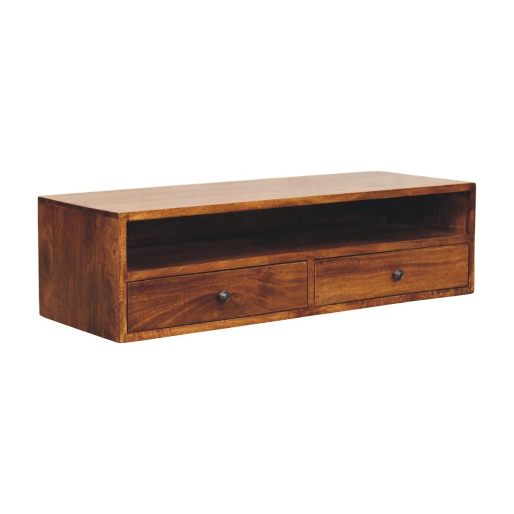 35" Brown Solid Wood Floating Mount TV Stand