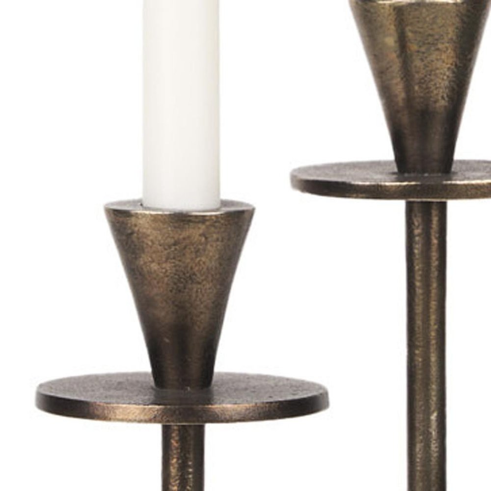 Set of Two Antiqued Gold Metal Floor Taper Candlesticks
