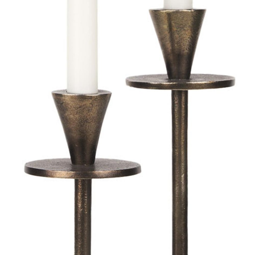 Set of Two Antiqued Gold Metal Floor Taper Candlesticks