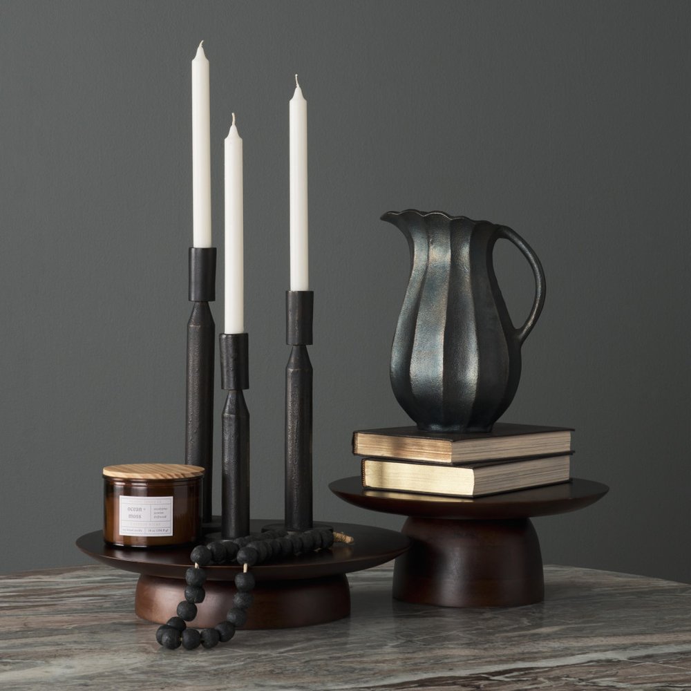 Set of Three Black Metal Tabletop Taper Candlesticks