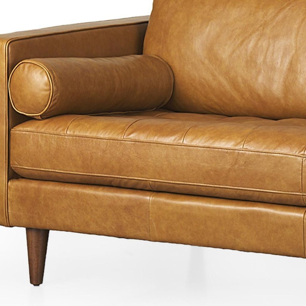 88" Brown Leather Sofa With Toss Pillows