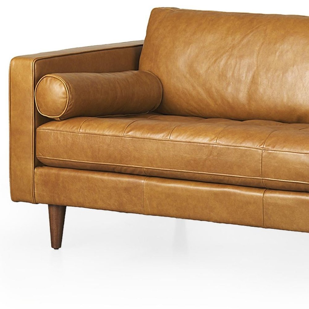88" Brown Leather Sofa With Toss Pillows