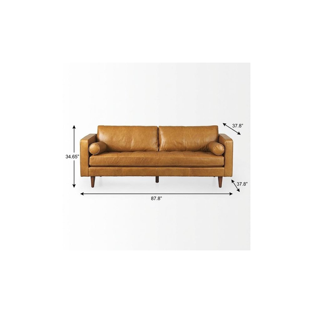 88" Brown Leather Sofa With Toss Pillows