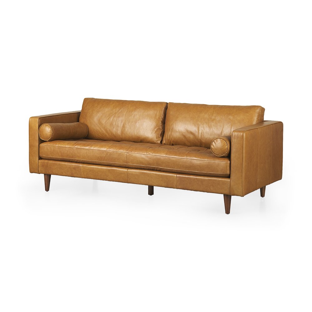 88" Brown Leather Sofa With Toss Pillows