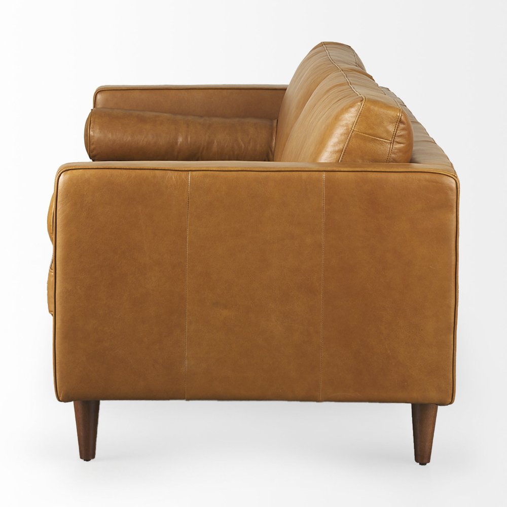 88" Brown Leather Sofa With Toss Pillows