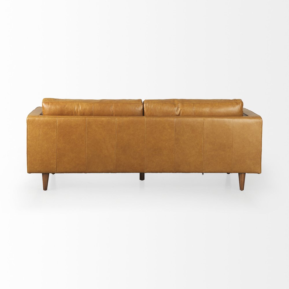 88" Brown Leather Sofa With Toss Pillows