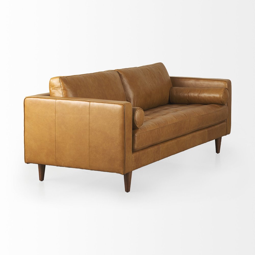 88" Brown Leather Sofa With Toss Pillows