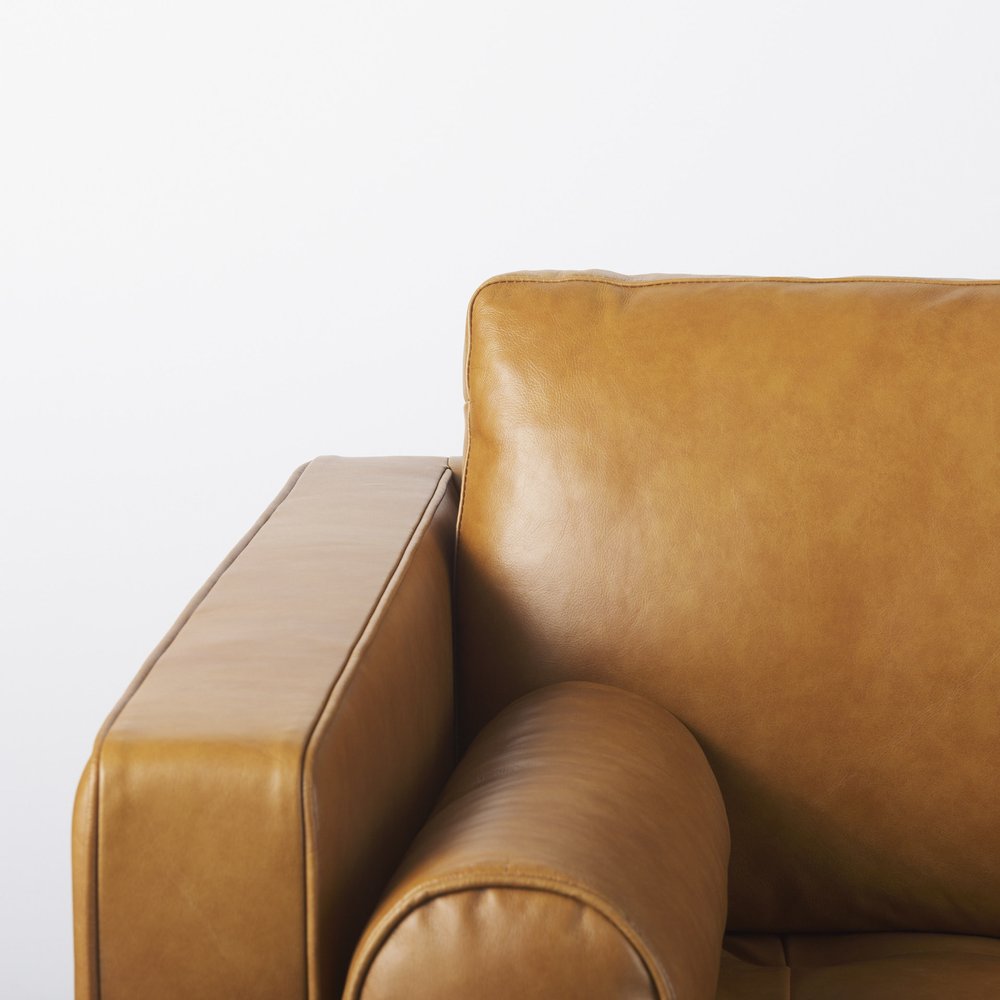 88" Brown Leather Sofa With Toss Pillows