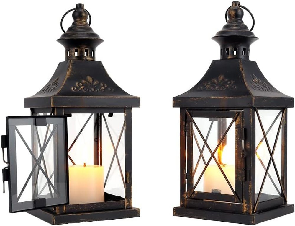 Set of Two Black And Clear Distressed Glass And Metal Tabletop Lantern Candle Holders