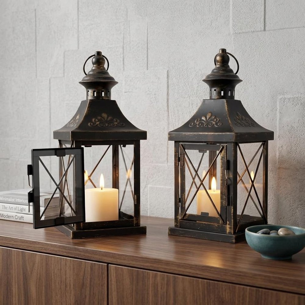 Set of Two Black And Clear Distressed Glass And Metal Tabletop Lantern Candle Holders