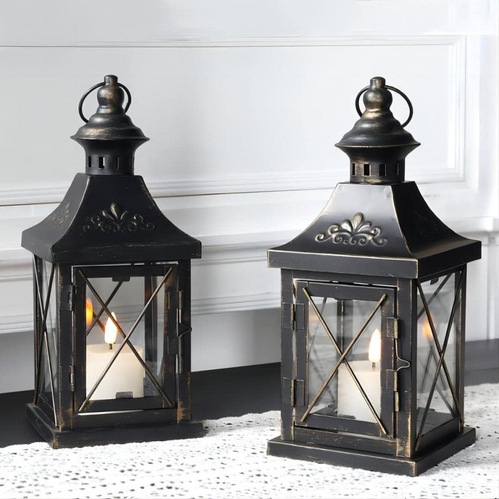 Set of Two Black And Clear Distressed Glass And Metal Tabletop Lantern Candle Holders